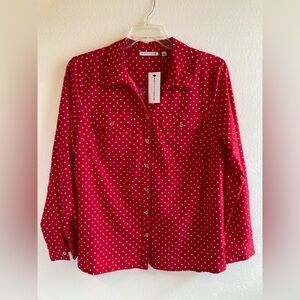 NWT Notations Red Blouse with Small White Polka Dots Size L
